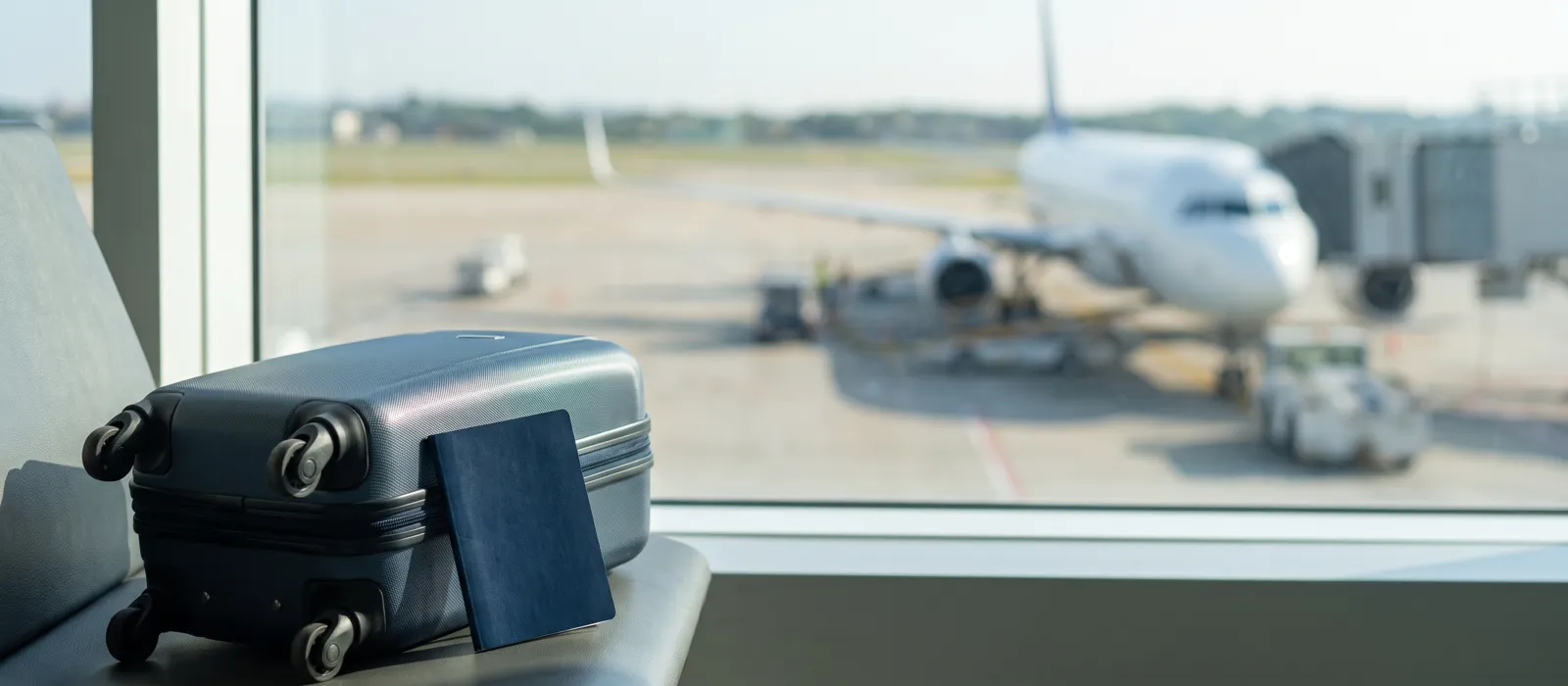 Beneficios de la visa B1/B2: maleta y pasaporte junto a una ventana de aeropuerto