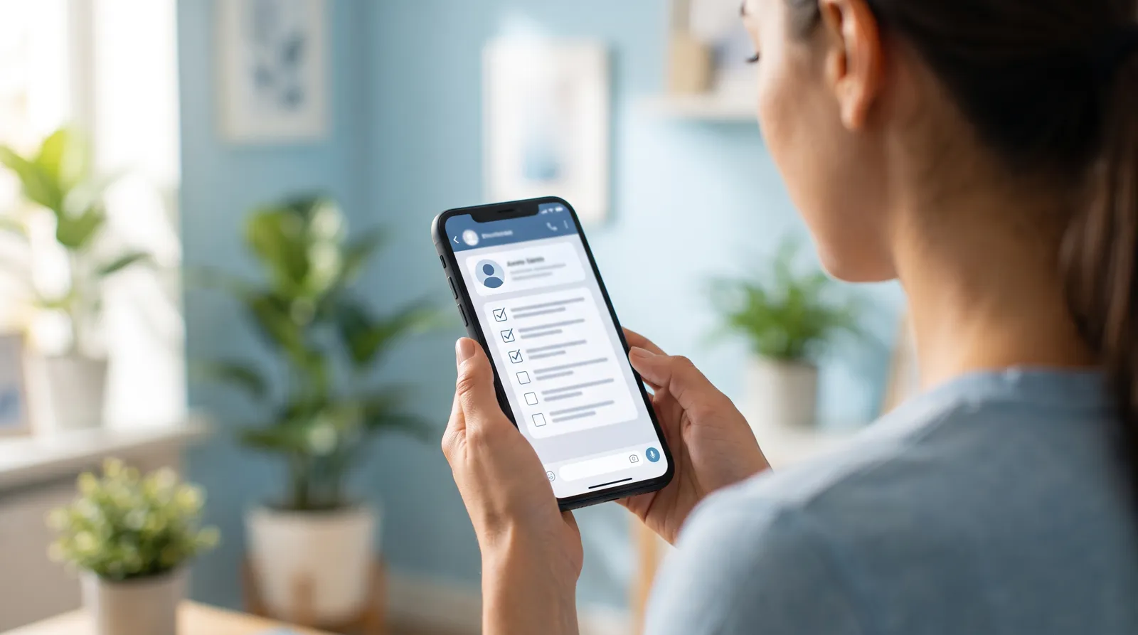 Pre evaluación de visa americana: mujer revisando en su celular una lista de verificación de su perfil