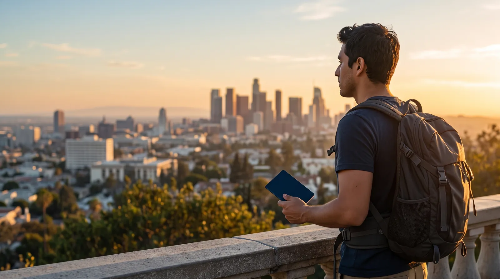 Viajero con pasaporte listo para tramitar su visa americana, mirando una ciudad de Estados Unidos