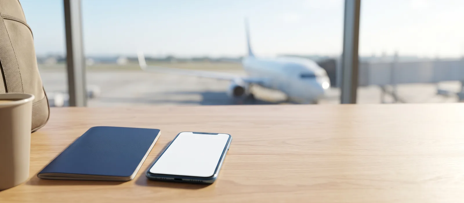 Visa o eTA para Canadá: pasaporte y celular junto a una ventana de aeropuerto