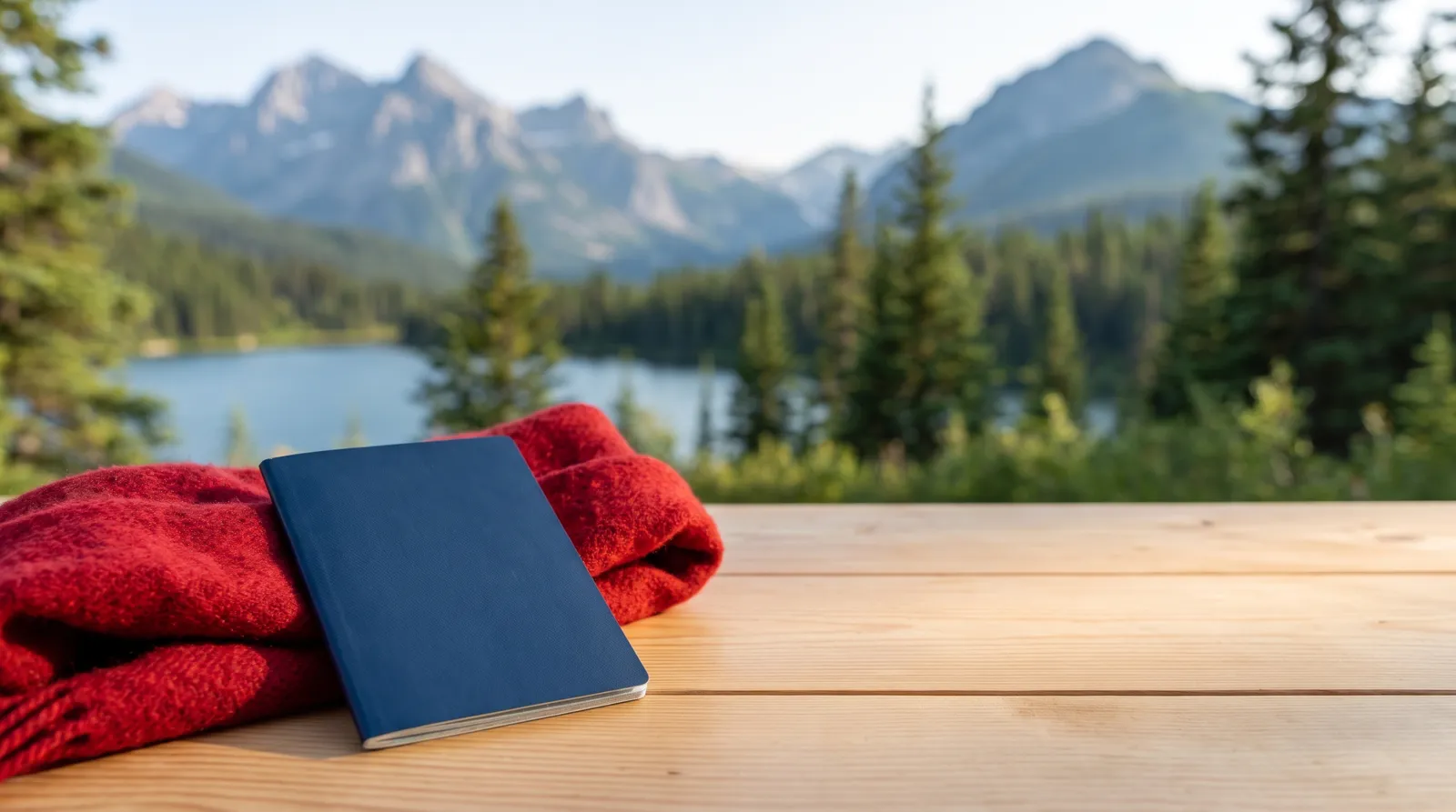 Pasaporte sobre una mesa con un lago de montaña de Canadá al fondo